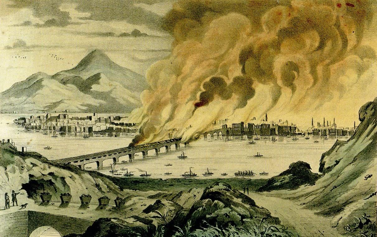 J. Baillie, “Great Conflagration at Pittsburgh, Pa., April 10, 1845,” lithograph, 1845. Many artists published images of the disaster at Pittsburgh, focusing on the dramatic moment when the Smithfield Street Bridge went up in flames. Creative Commons License / Public Domain.