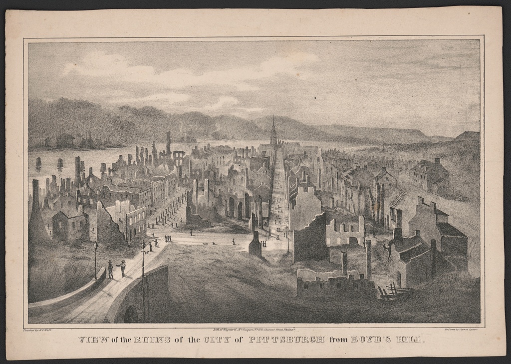 View of the ruins of the city of Pittsburgh from Boyd’s Hill, between 1850-1857. Although this print was issued later, it captured the feel of the landscape that may have inspired Sam Young’s imagination. Engraving based on the work of W. C. Wall. Courtesy of the Library of Congress, Prints and Photographs Division.
