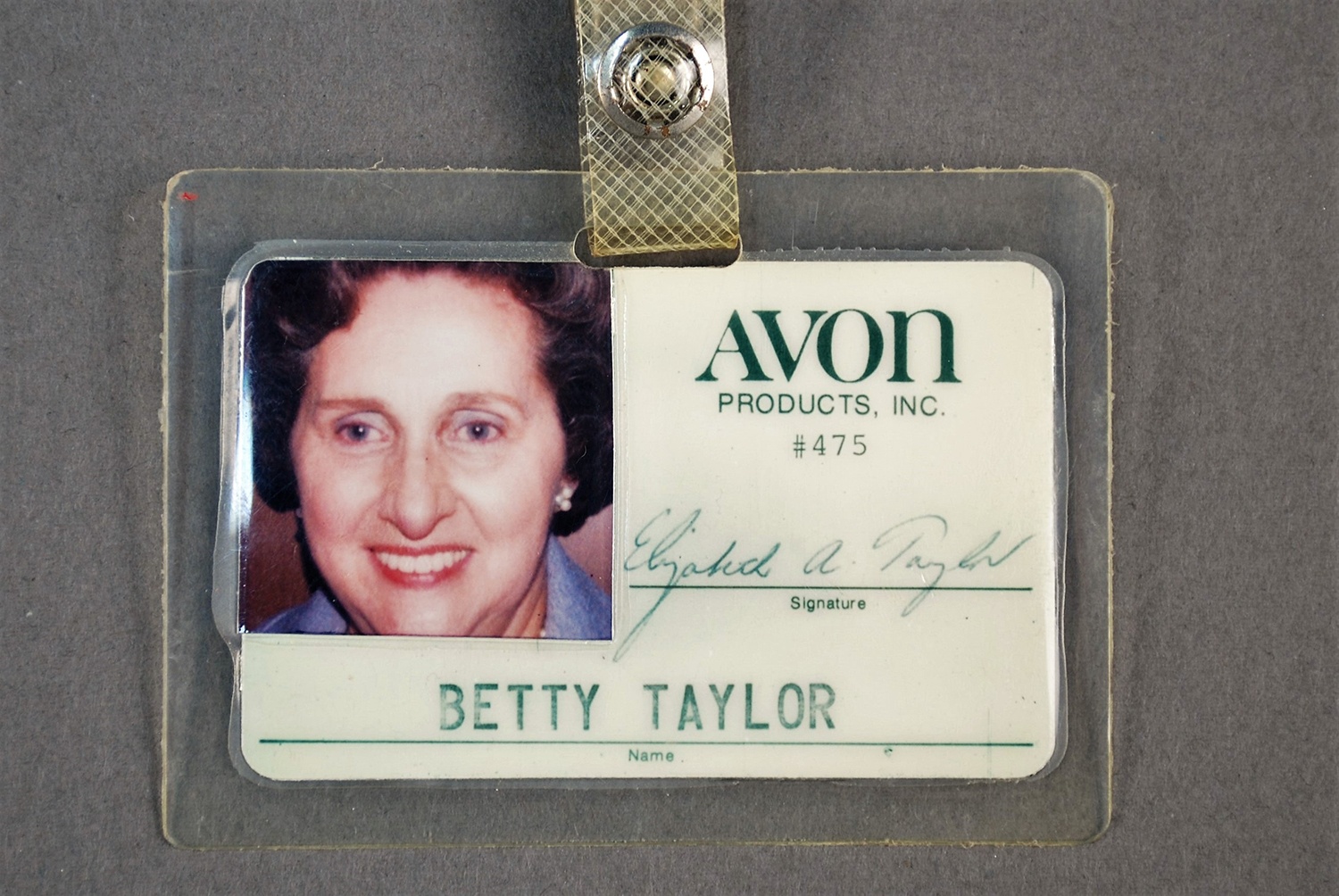 Betty Taylor’s Avon representative i.d. badge, c. 1970.