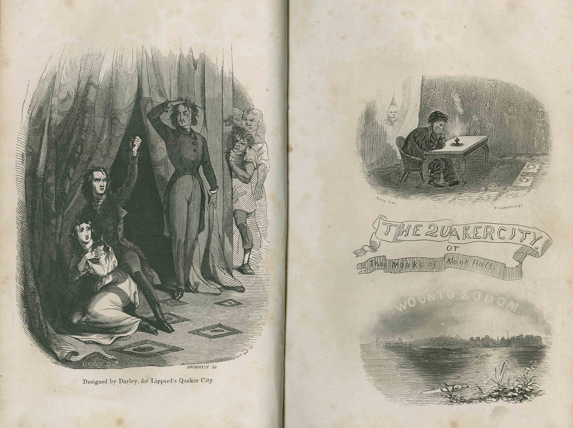 Frontispieces from George Lippard’s The Quaker City, or The Monks of Monk Hall, Philadelphia, 1845. Courtesy of the Newberry Library, Digital Collections for the Classroom.