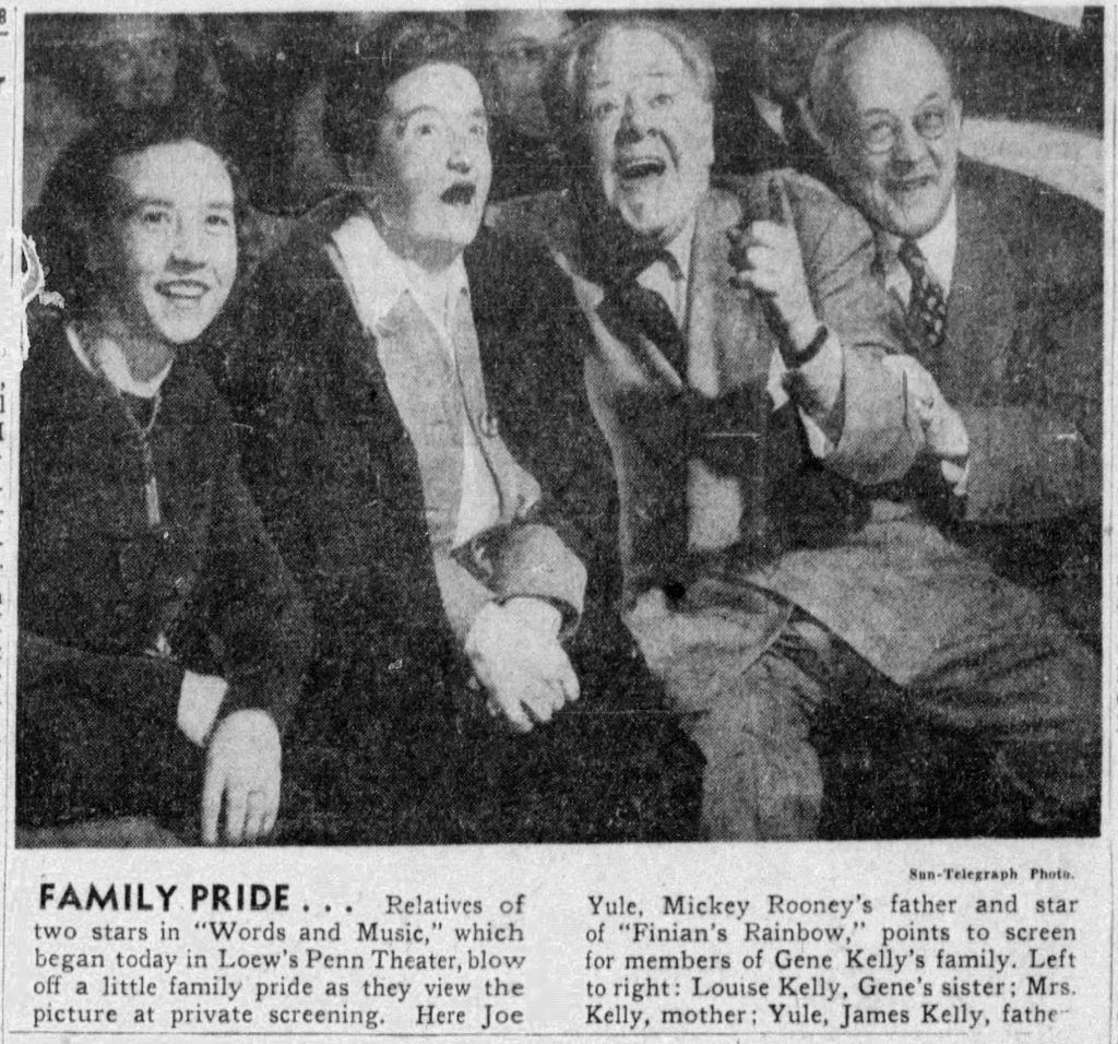 “Family Pride,” news clipping, Pittsburgh Sun-Telegraph, December 31, 1948. This news photo captured the reactions of Gene Kelly’s family as they sat in the Loew’s Penn Theater and watched the film Words and Music with Joe Yule, father of Mickey Rooney, 1948.