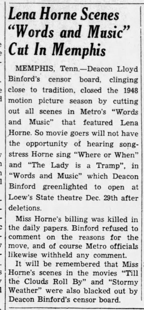 Newspaper article announcing that Lena Horne’s scenes had been cut from Words and Music, 1948. This was an all too familiar occurrence for Horne, whose frustration soon led her to largely abandon Hollywood. The Weekly Review (Birmingham, AL), January 14, 1949.