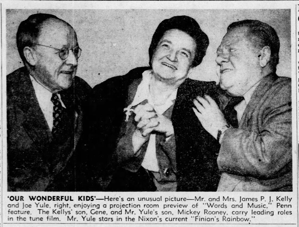 “Our Wonderful Kids,” news clipping, The Pittsburgh Press, December 31, 1948. News photo showing Gene Kelly’s parents along with Joe Yule, at a special screening of Words and Music, 1948. Perry Como’s mother was also invited to the preview. It is not clear whether she attended the event or why she was excluded from the press photos.