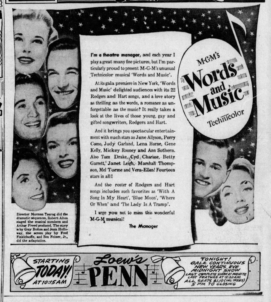 The Loew’s Penn advertisement announcing the continuous New Year’s Eve showings of Words and Music, The Pittsburgh Sun-Telegraph, December 31, 1948. The film featured the work of three famous Western Pennsylvanians.