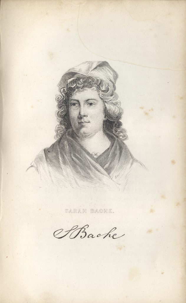 Engraving of Sarah Franklin Bache, from Elizabeth Ellet’s book, Women of the American Revolution, 1854. Bache, the daughter of Benjamin Franklin, often acted as his hostess for political events and served as a leader in Philadelphia relief efforts during the war. From the Detre Library & Archives at the Heinz History Center.