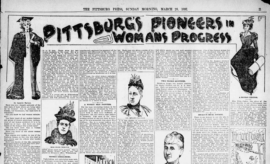 “Pittsburg’s Pioneers in Womans Progress,” The Pittsburg Press, March 28, 1897. This full-page spread outlined nearly 30 local women involved in professional pursuits in the city. Credit: The Pittsburgh Press, March 28, 1897.