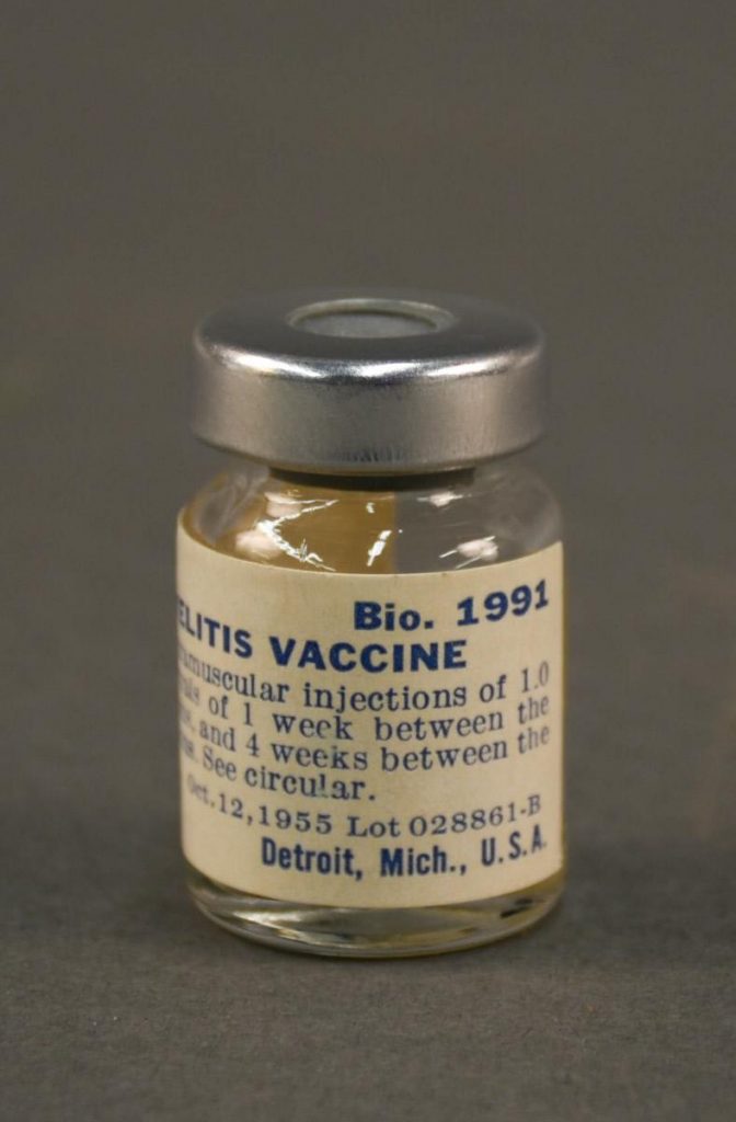 A glass vial of the polio vaccine is in the collections of the Heinz History Center. (Gift of Jeanne Miller Dodson.)