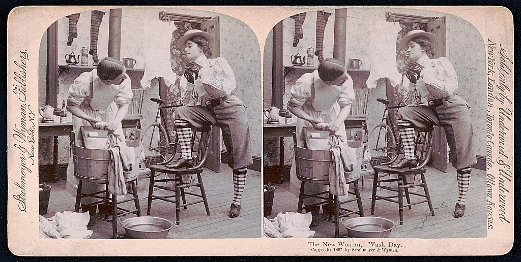 “The New Woman – Wash Day,” stereoview card, Strohmeyer & Wyman, 1897. The widely-used figure of the “New Woman” illustrated public fears about changing gender roles in the late 1800s. It its feature on women pioneers in 1897, The Pittsburg Press emphasized that there was “nothing New Womanish” about them. Library of Congress, Prints and Photographs Division.