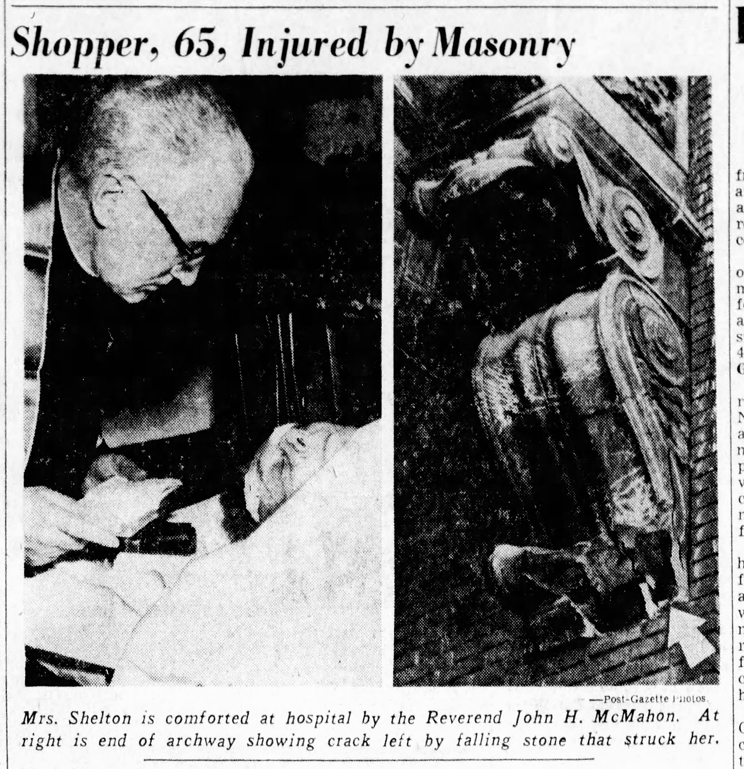 Newspaper coverage of shopper injured by a decorative fragment that fell off Diamond Market, 1959.