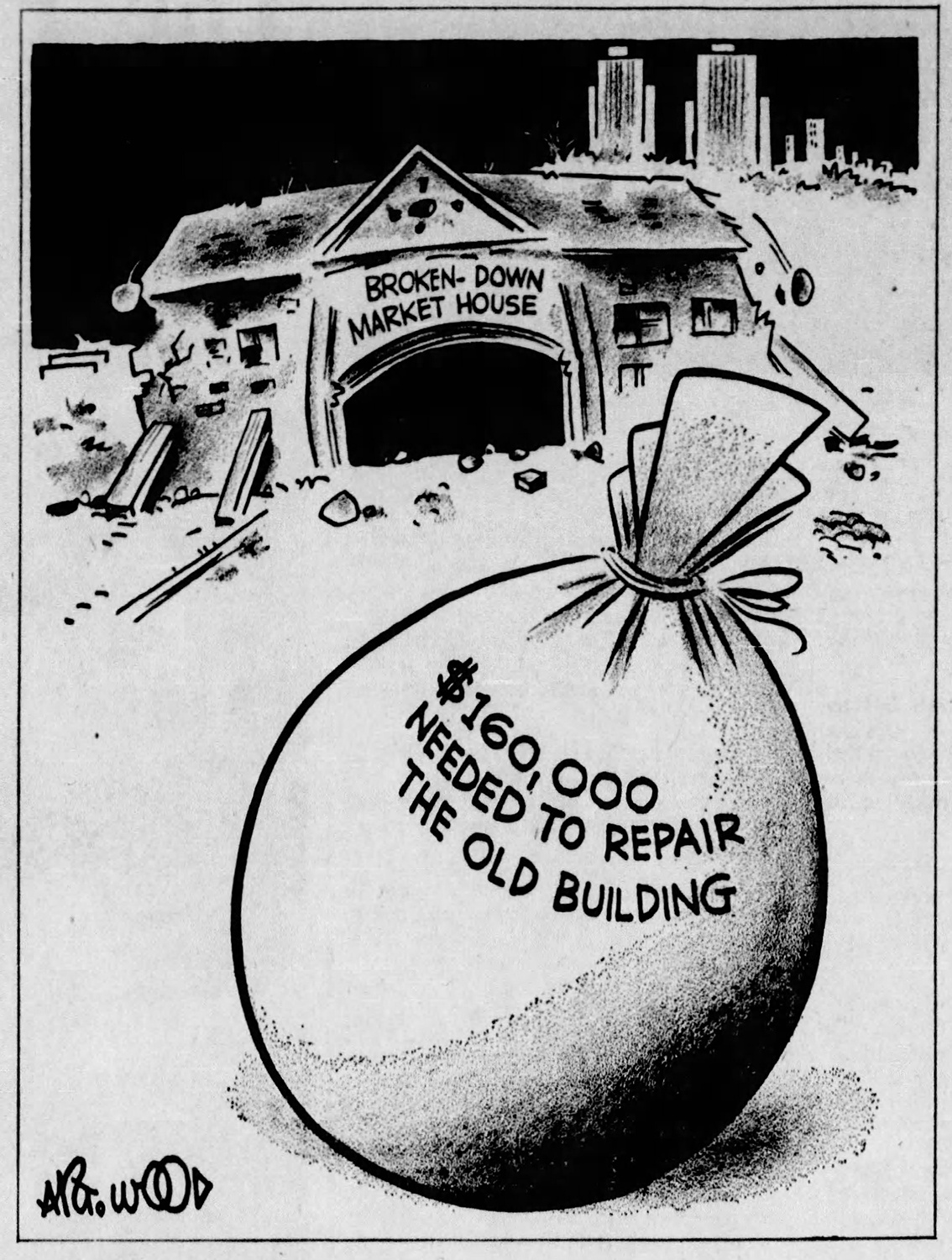 Editorial cartoon about Diamond Market House repair costs, 1960.