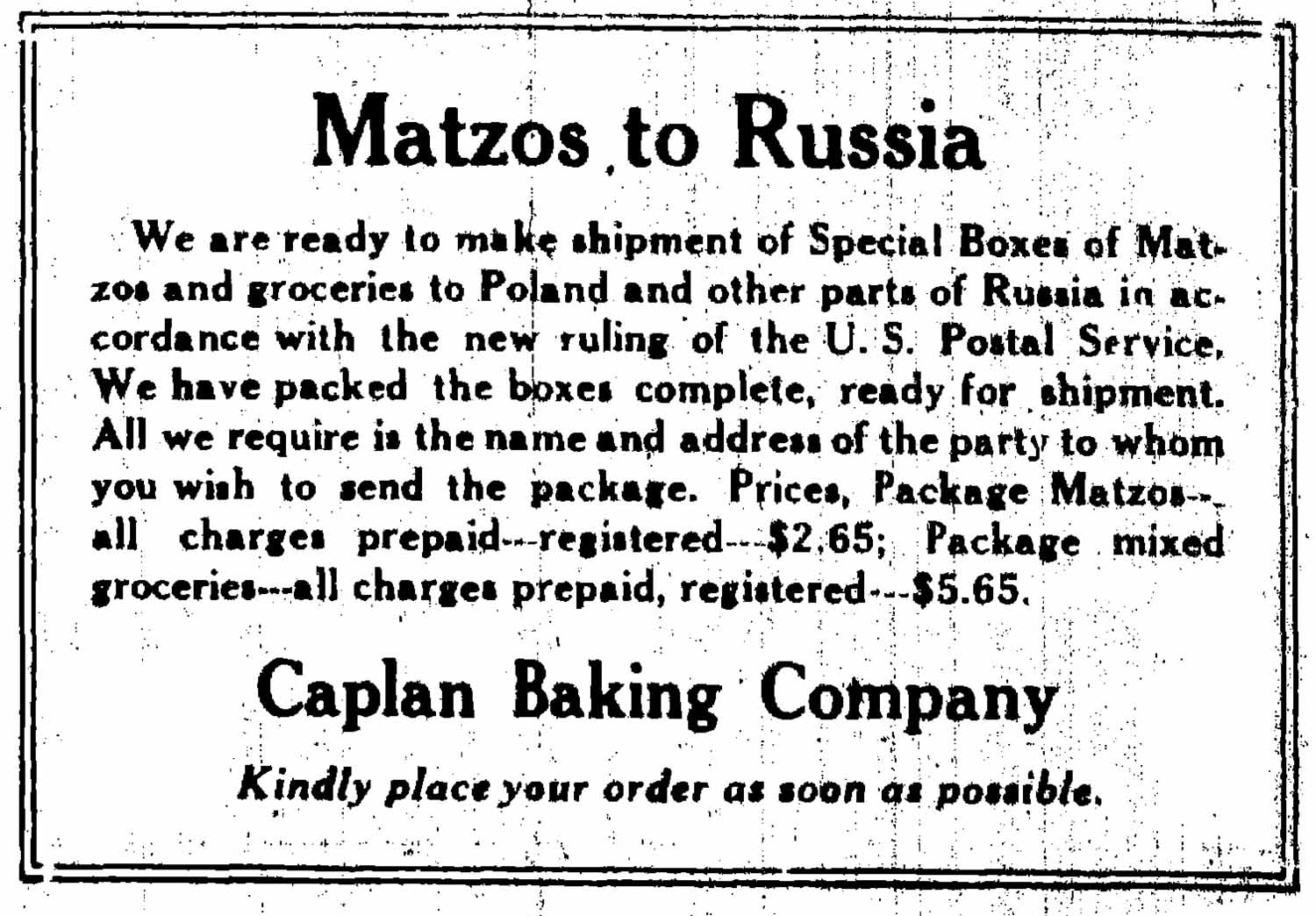 In the years after World War I, the Caplan Baking Company facilitated the shipment of matzah to Europe, allowing divided Jewish families to narrow the distance between them.