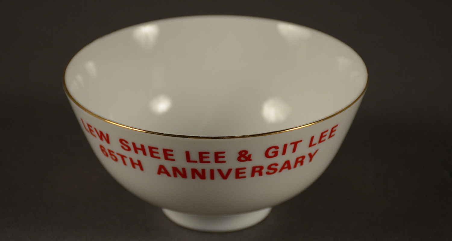 Lew Shee Lee and Git Lee’s 65th anniversary gift bowl (two views), 1981. It was customary for the celebrating couple to give guests bowls, spoons, or chop sticks. Gift of the Git Lee family, 2004.154.3, Heinz History Center Museum Collections.