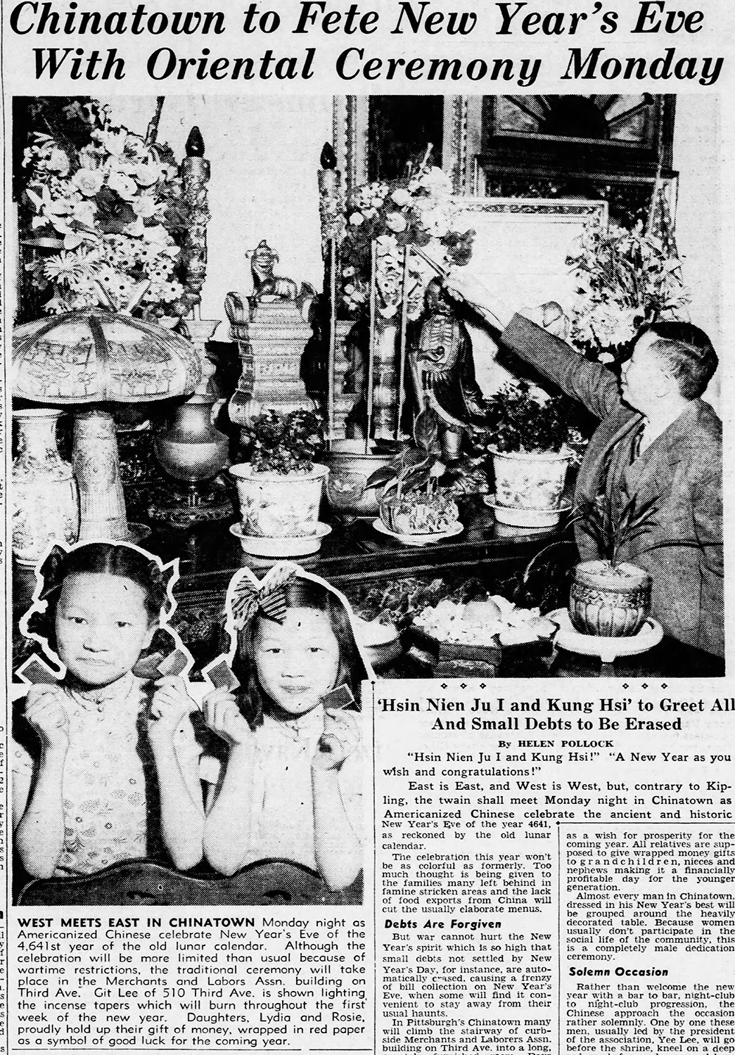 Git Lee (right) and daughters Lydia and Rosie featured in an article about Chinese Lunar New Year, 1944. The Pittsburgh Press, Jan. 22, 1944.