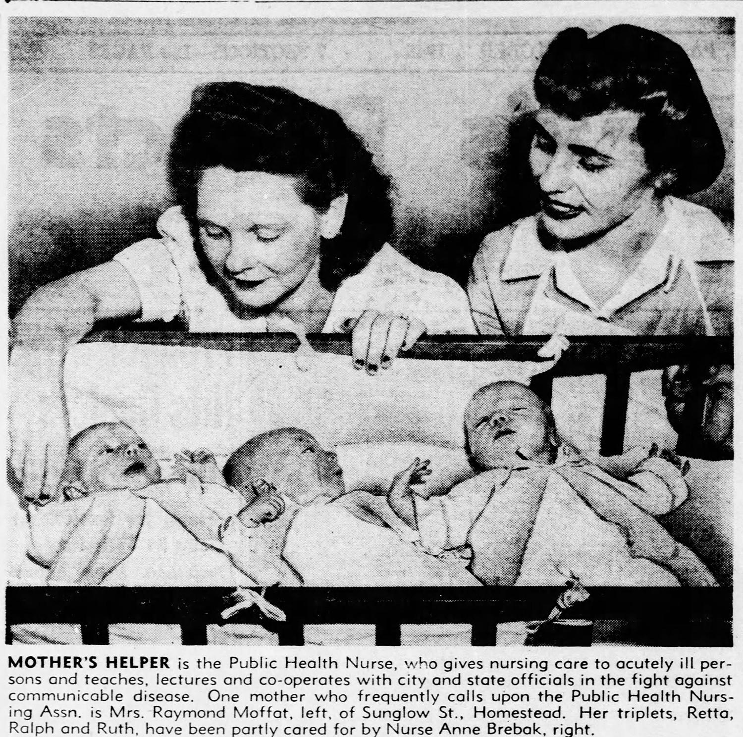 “Mother’s Helper,” press clipping, 1945. This clip featured a Public Health Nurse serving a new mother with triplets in Homestead. Pittsburgh Press, Oct. 7, 1945.