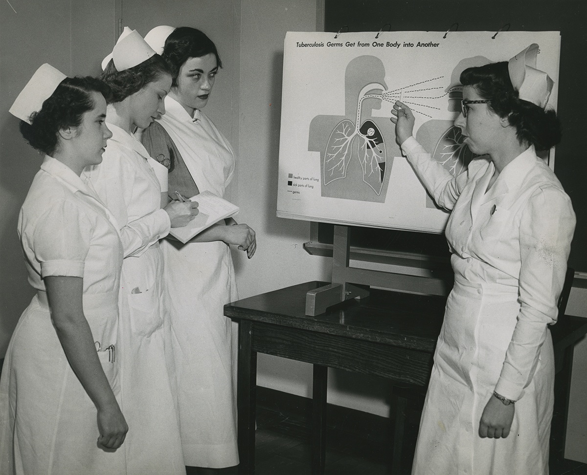 Nurses being trained on tuberculosis transmission, c. 1950.
