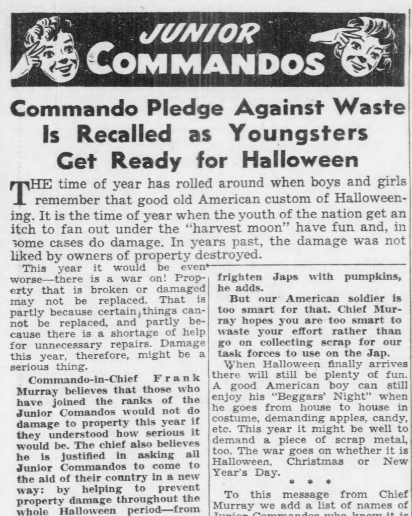 Excerpt from the Halloween pledge published by Pittsburgh’s Junior Commandos, Pittsburgh Post- Gazette, October 12, 1942.