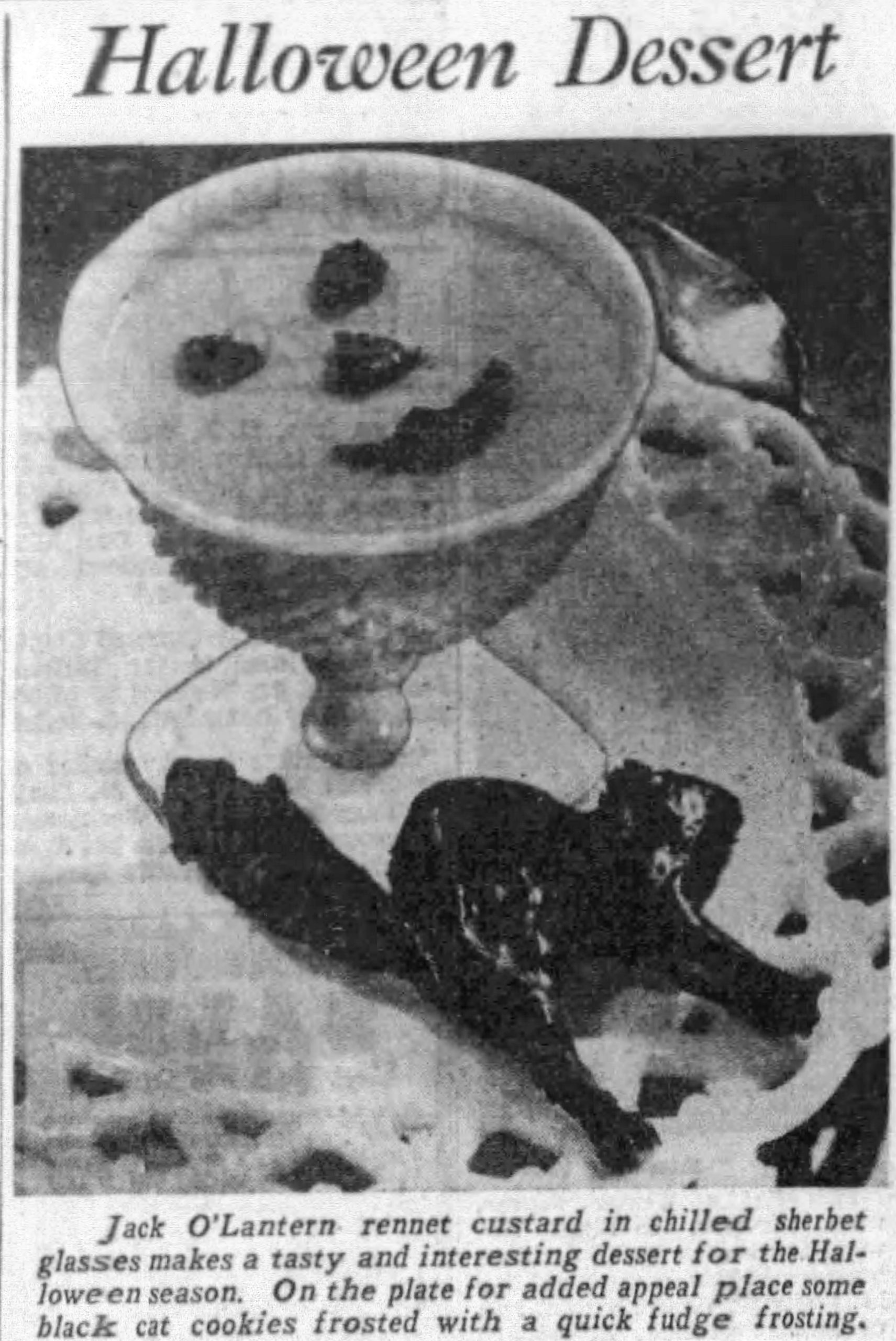 Prune pieces created the smiling Jack O’Lantern face on this orange rennet dessert, Pittsburgh Sun-Telegraph, October 30, 1942
