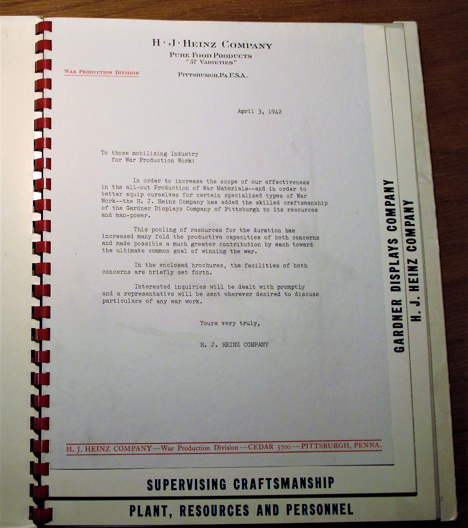 Promotional packet advertising the combined wartime production capacities of the H. J. Heinz Company and Gardner Display Company, 1942.