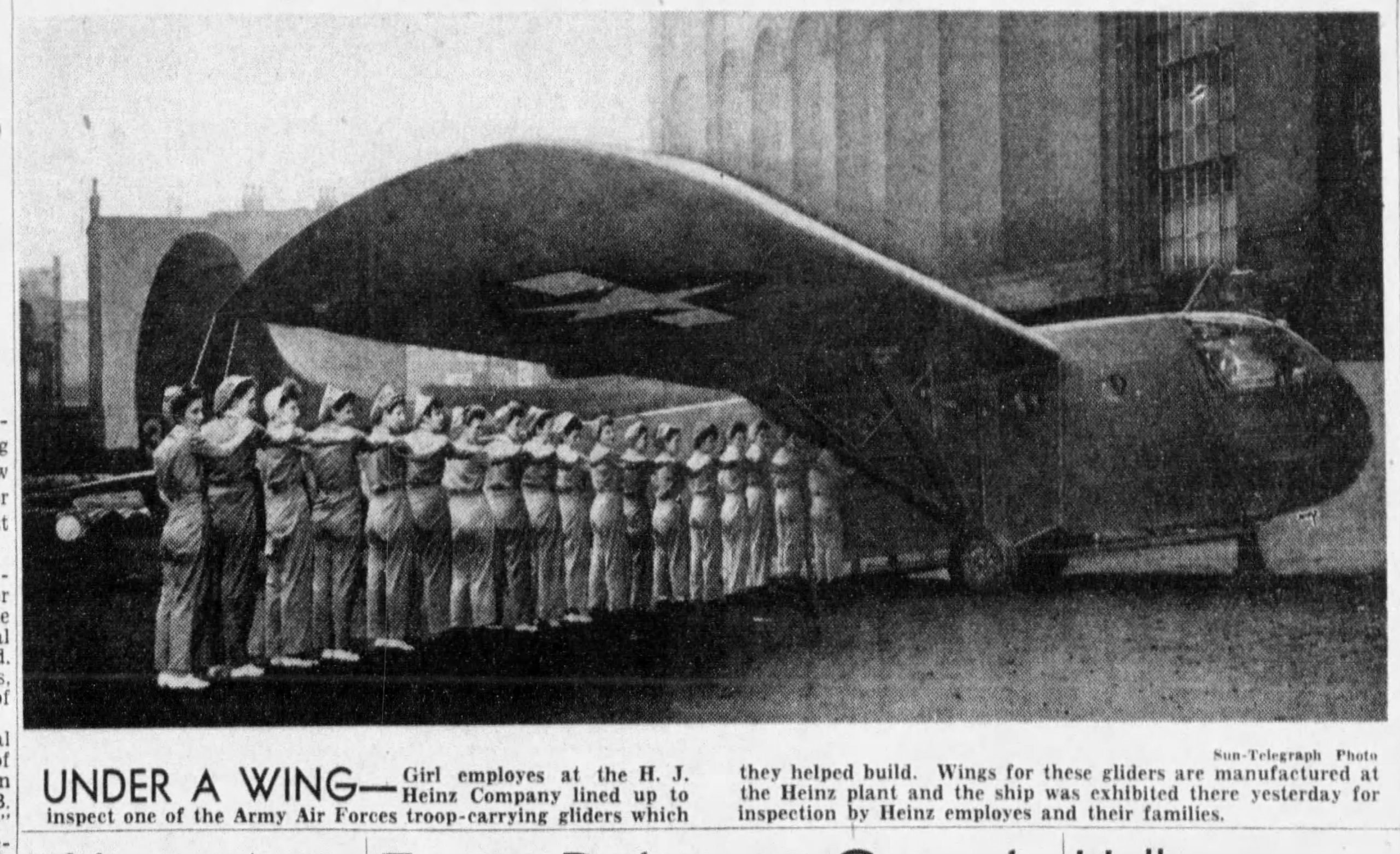 “Under a Wing,” photo feature about a Waco glider finally making an appearance at the H. J. Heinz Company, October 1943.