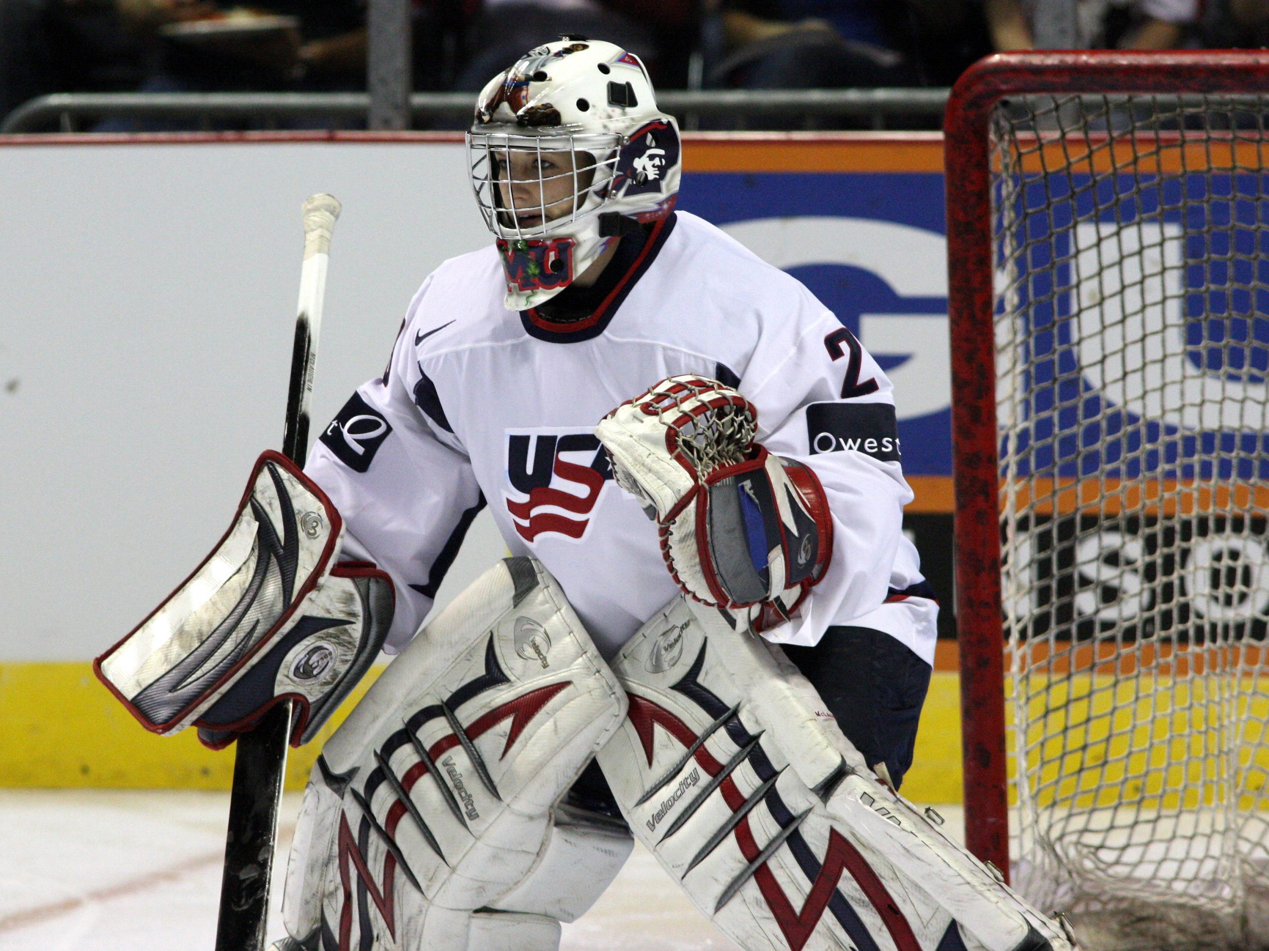 Brianne McLaughlin in goal net.