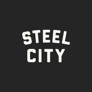 White bold text reading STEEL CITY is centered on a solid black background. The words are stacked, with STEEL on top and CITY below, both in all capital letters.