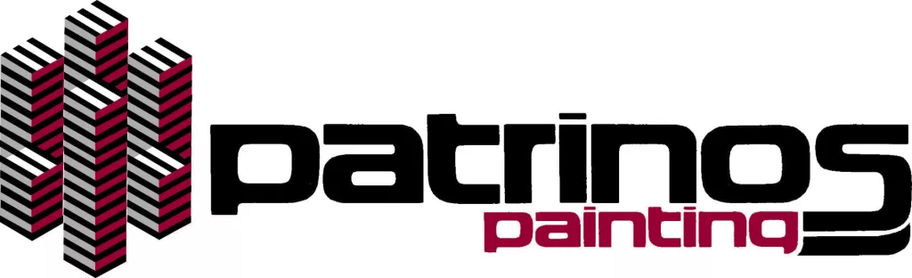 Logo for Patrinos Painting featuring a geometric arrangement of stacked chevron shapes in black, white, and burgundy to the left of the company name, Patrinos Painting, written in bold black and burgundy text.