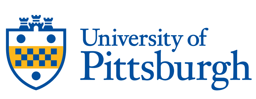 The University of Pittsburgh logo featuring a blue and gold shield with a checkered pattern, flanked by stylized castle-like towers, positioned next to the words University of Pittsburgh in blue text.