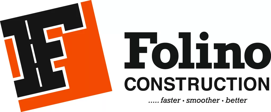 Folino Construction logo featuring a bold, stylized letter F in black and orange on the left, inspired by bocce ball precision; to the right are the words Folino Construction with the tagline ...faster · smoother · better.