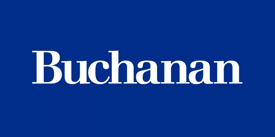 White text reading “Buchanan” in a bold serif font, centered against a solid blue background.
