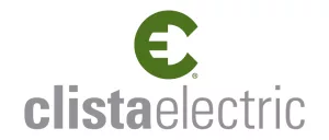Logo for Clista Electric showing a green, stylized letter C shaped like a bocce ball with a white electrical plug inside it, positioned above the gray lowercase text clistaelectric.
