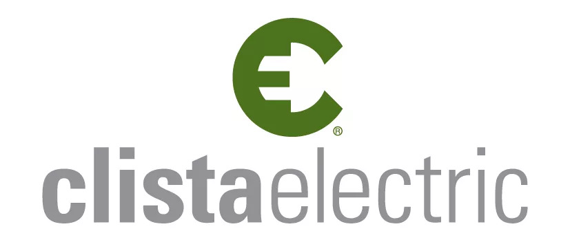 Logo for Clista Electric showing a green, stylized letter C shaped like a bocce ball with a white electrical plug inside it, positioned above the gray lowercase text clistaelectric.