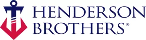 Logo featuring a blue anchor with a red abstract base on the left, resembling the shape and motion associated with bocce, positioned next to the words Henderson Brothers in blue text, all set against a white background.