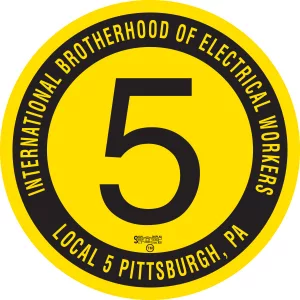 A yellow circular logo with a large black number 5 centered. Black text along the top edge reads International Brotherhood of Electrical Workers Local 5, and along the bottom edge, Pittsburgh, PA.
