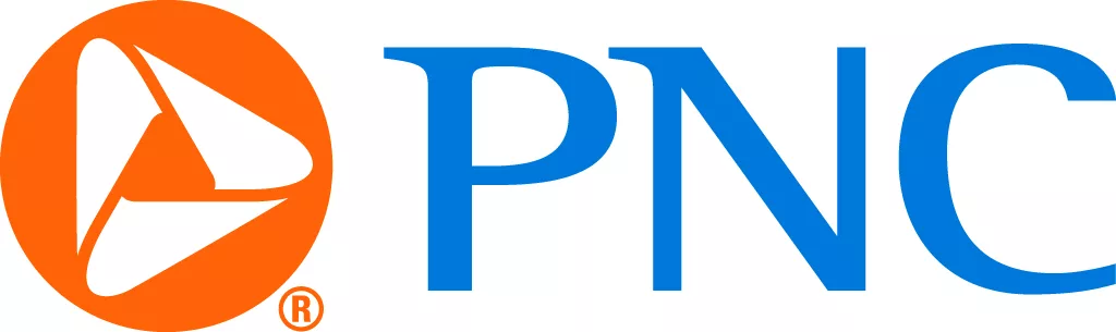 The PNC logo, displaying an orange circle with a white triangular geometric shape on the left, similar to a bocce ball, next to bold blue letters PNC set against a white background.