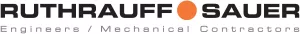 Ruthrauff Sauer logo with bold black text; an orange circle positioned between the words, resembling a bocce ball; tagline underneath reads “Engineers / Mechanical Contractors.”.