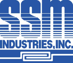 Blue and white logo featuring large “SSM” lettering at the top, bold text reading “INDUSTRIES, INC.” underneath, and a geometric design at the bottom showing interconnected circles and lines resembling wiring or linked balls.