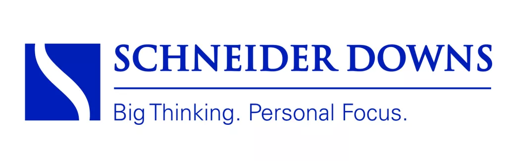 A logo with a stylized blue S on the left, and to the right, blue text reading Schneider Downs above the tagline Big Thinking. Personal Focus. All text is in a clean, sans-serif font.