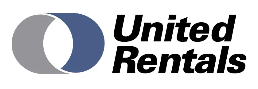 United Rentals logo featuring two interlocking oval shapes, one gray and one blue, positioned to the left of bold, italicized black text reading United Rentals.