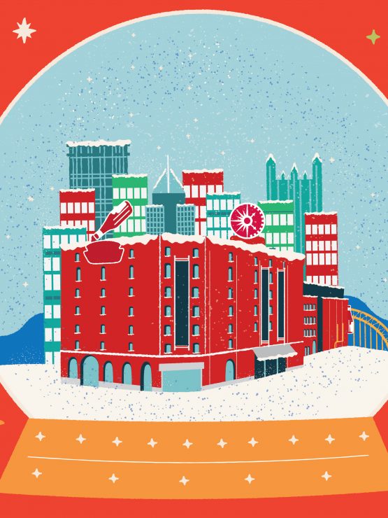 Print newsletter cover illustration of the Heinz History Center and Pittsburgh skyline with snow in a snow globe.