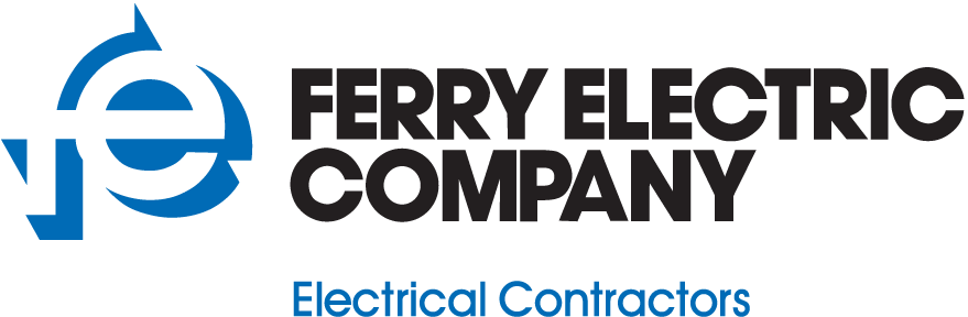 Logo for Ferry Electric Company featuring a stylized blue and white fe symbol enclosed in a circle on the left. To the right, large black text reads Ferry Electric Company with smaller blue text below stating Electrical Contractors. The design is inspired by exhibits at the Heinz History Center.