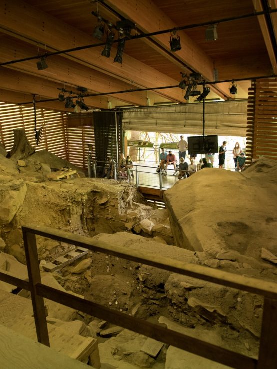 Excavation site covered by a wooden roof with exposed support beams; ancient stone ruins and scattered artifacts partially embedded in the soil; several visitors standing behind a glass barrier observe the archaeological dig area.