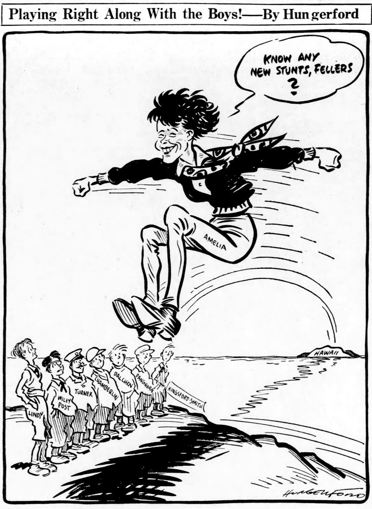 A cartoon shows Amelia Earhart leaping over surprised men labeled with newspaper names, speaking, with Hawaii island in the background. *AI generated alt text