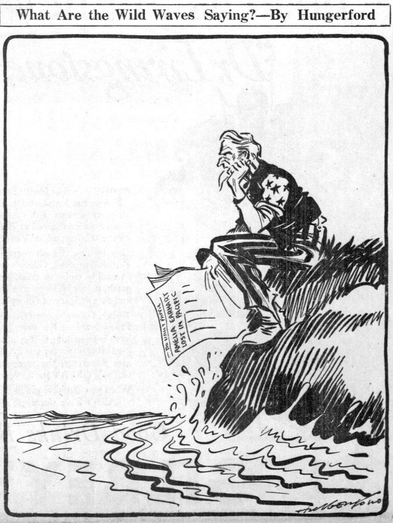 Uncle Sam sits on a rock labeled Panama Canal Situation, looking at ocean waves; cartoon titled What Are the Wild Waves Saying?. *AI generated alt text