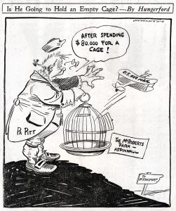 Cartoon of Pa Pitt tossing his hat at an empty cage labeled The McRoberts Farm Aspinwall; a mail bag flies away nearby. *AI generated alt text