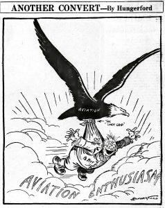 A large eagle labeled Aviation lifts a smiling, surprised man labeled Public above clouds marked Aviation Enthusiasm; its claws read The Lindy Grip. *AI generated alt text