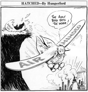 A cartoon depicts a bird labeled Pitt hatching from an Aviation Egg, flying with wings labeled Air Lines toward a distant city. *AI generated alt text