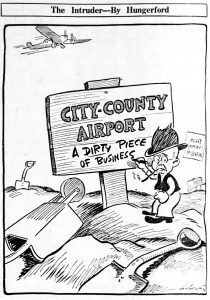 A cartoon man paints “A DIRTY PIECE OF BUSINESS” on a CITY-COUNTY AIRPORT sign. Tools are on the ground; a plane flies above. *AI generated alt text