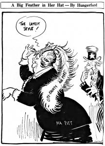 A woman labeled Ma Pitt wears a hat with a large feather marked Aviation, City-County Airport; Uncle Sam stands behind her, surprised. *AI generated alt text