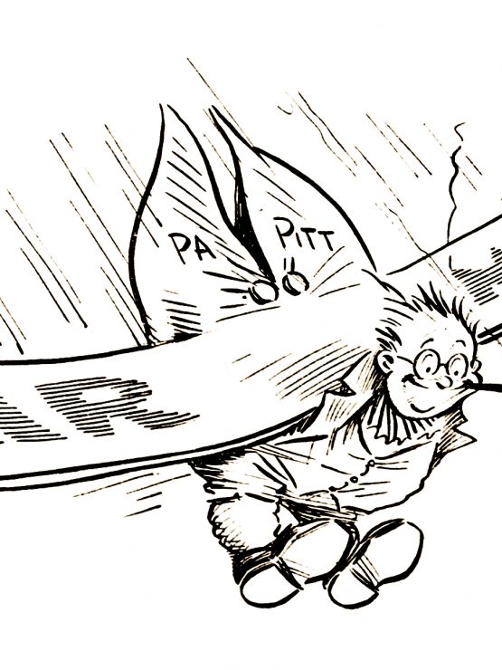 Cartoon of a person in a suit with glasses and a cigar, flying on wings labeled AIR MINDSO, PATIENCE, and PERSISTENCE. *AI generated alt text