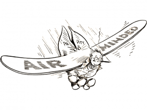 Cartoon drawing of a person flying with large wings labeled “AIR MINDED” and “PA PIT,” wearing glasses, gripping handles. *AI generated alt text